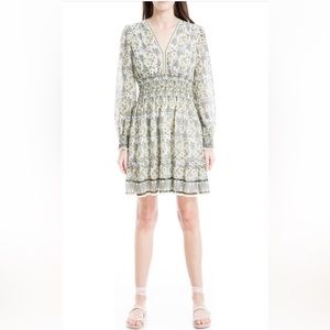 MAX STUDIO NWT Geometric Navy Lime Yellow Floral Smock Waist Dress Sz Me…